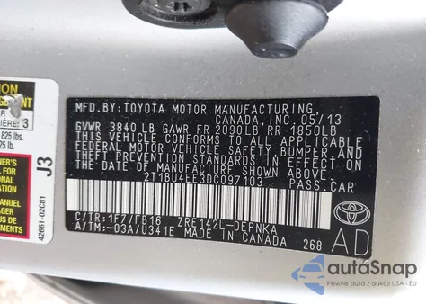 2013 Toyota Corolla Le из США, поврежденный, VIN 2T1BU4EE3DC097103